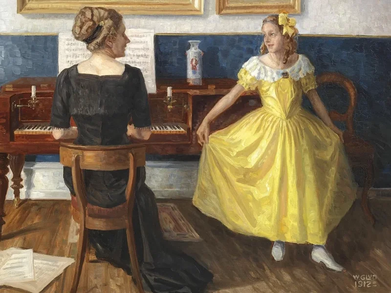 1872-Wilfred Peter Glud - Interno con una bambina in abito giallo a cui viene insegnato a suonare il pianoforte - 1912